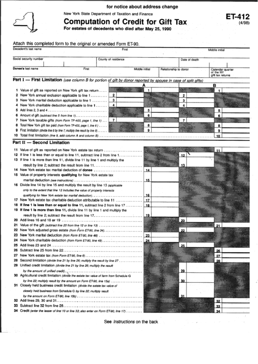 Form Et412 Computation Of Credit For Gift Tax printable pdf download