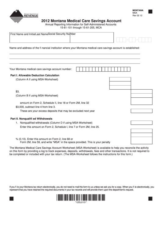 Fillable Form Msa Montana Medical Care Savings Account 2012