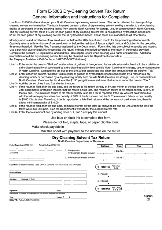 Fillable Form E500s DryCleaning Solvent Tax Return printable pdf