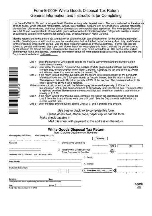 Fillable Form E500h White Goods Disposal Tax Return printable pdf