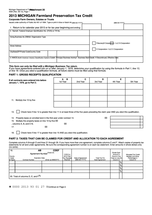 Form 4594 Michigan Farmland Preservation Tax Credit 2013 printable