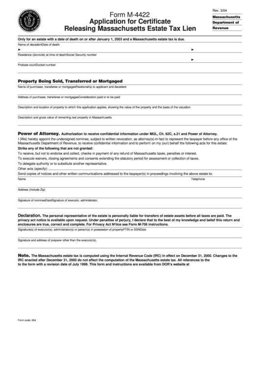 Fillable Form M4422 Application For Certificate Releasing