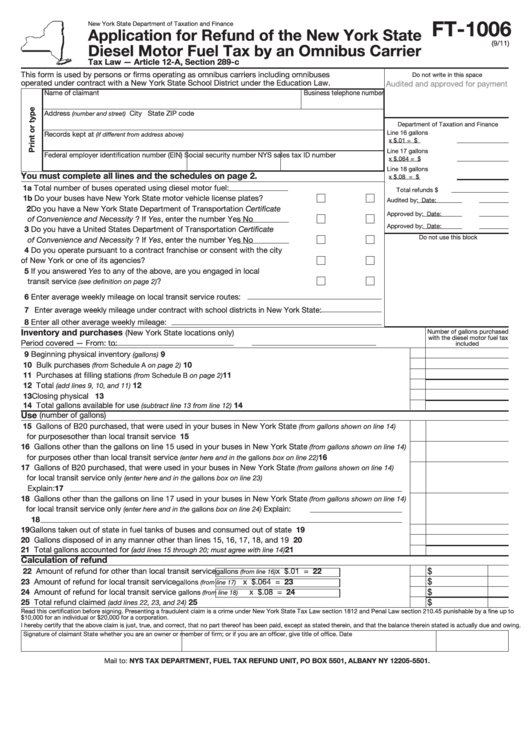 Form Ft1006 Application For Refund Of The New York
