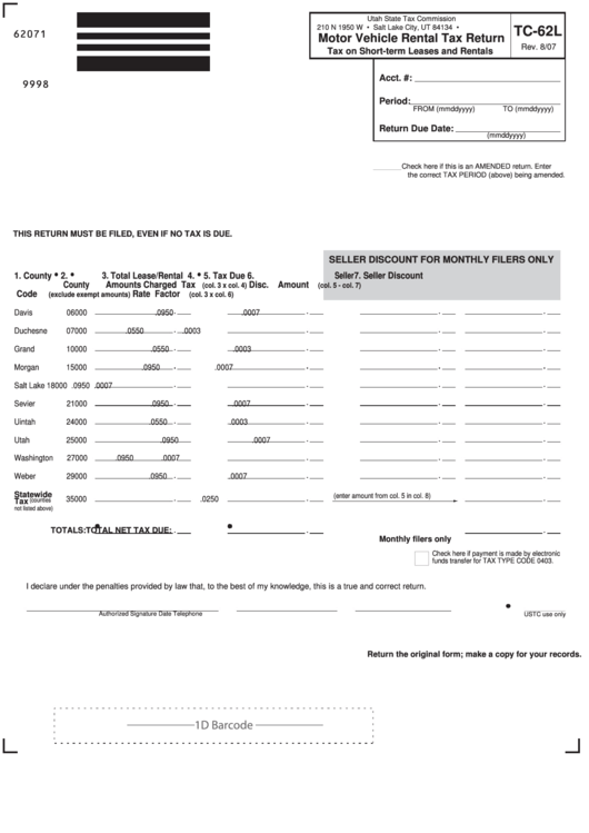 Fillable Form Tc62l Motor Vehicle Rental Tax Return printable pdf download