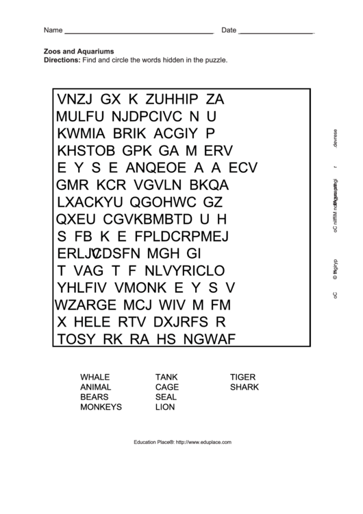 Zoos And Aquariums Word Search Puzzle Template printable pdf download