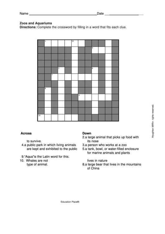 Zoos And Aquariums Crossword Puzzle Template printable pdf download