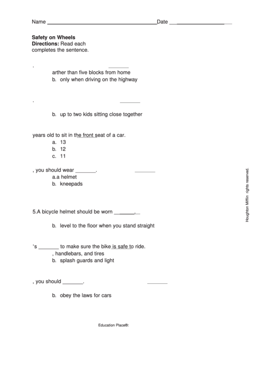 Safety On Wheels Quiz Template printable pdf download
