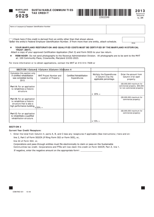 Fillable Maryland Form 502s Sustainable Communities Tax Credit 2013