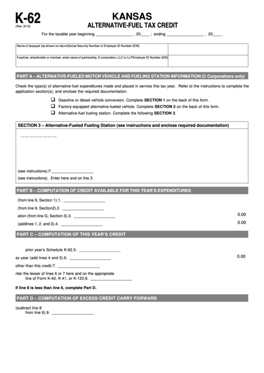 Fillable Schedule K62 Kansas AlternativeFuel Tax Credit printable