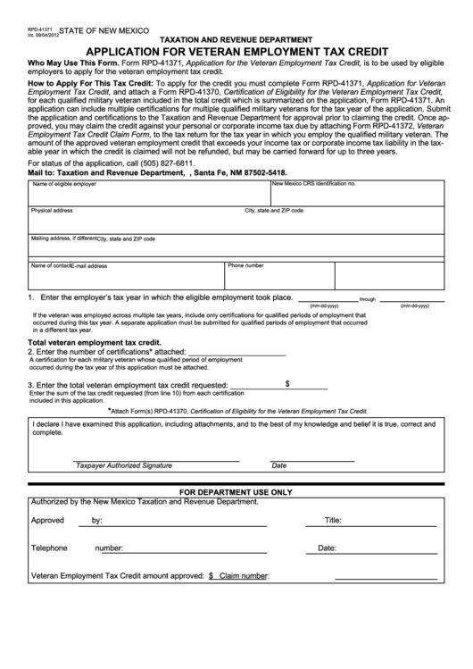 Form Rpd41371 Application For Veteran Employment Tax Credit