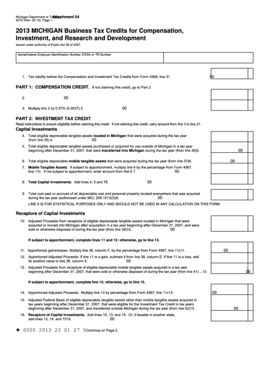 Form 4570 Michigan Business Tax Credits For Compensation, Investment