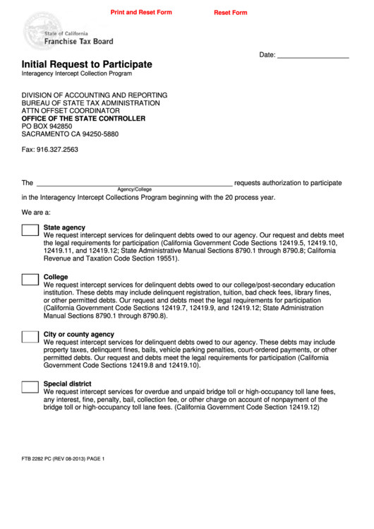 Fillable Form Ftb 2282 Pc Initial Request To Participate printable pdf download