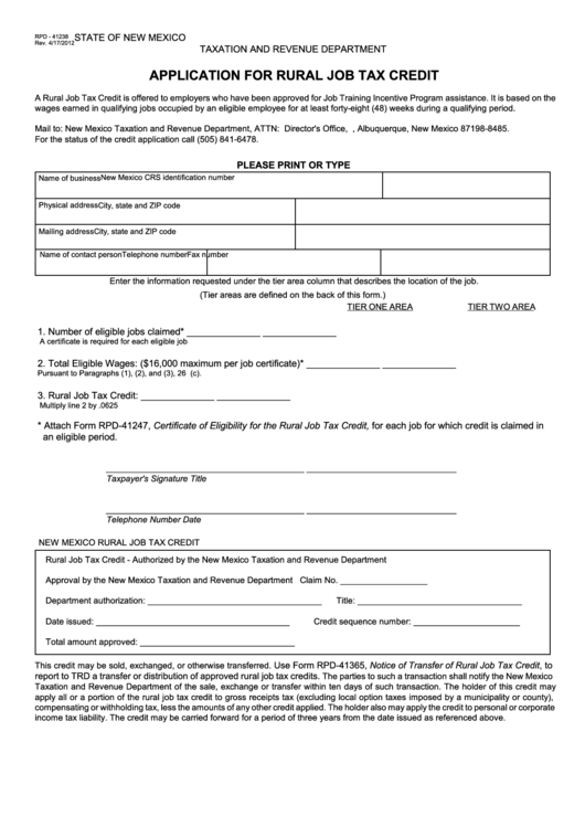 Form Rpd41238 Application For Rural Job Tax Credit printable pdf