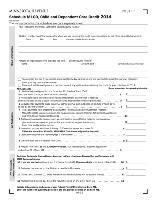 Fillable Schedule M1cd Child And Dependent Care Credit 2014 printable pdf download