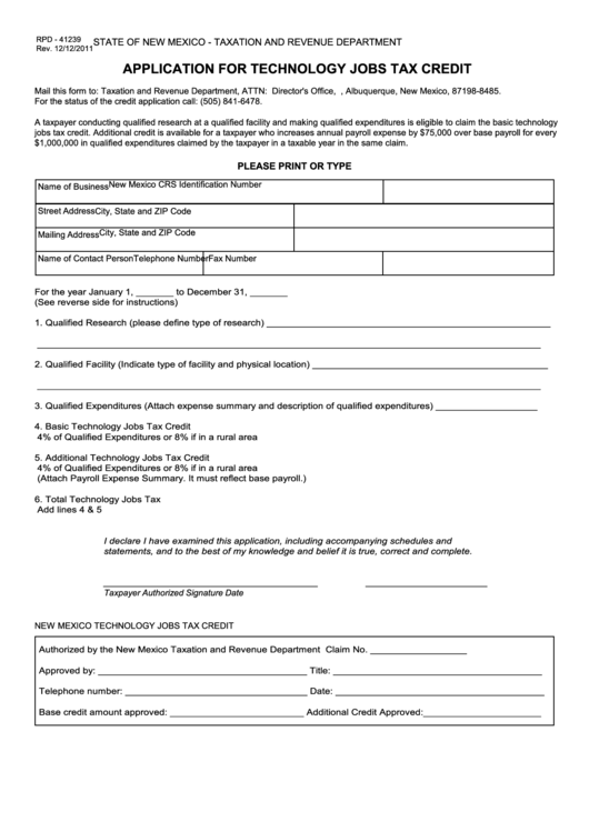 Form Rpd41239 Application For Technology Jobs Tax Credit printable pdf download