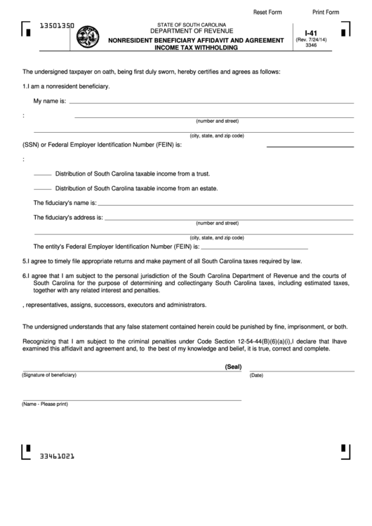 Fillable Form I41 Nonresident Beneficiary Affidavit And Agreement