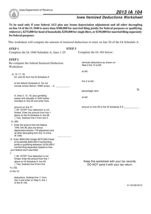 Fillable Form Ia 104 Iowa Itemized Deductions Worksheet 2013