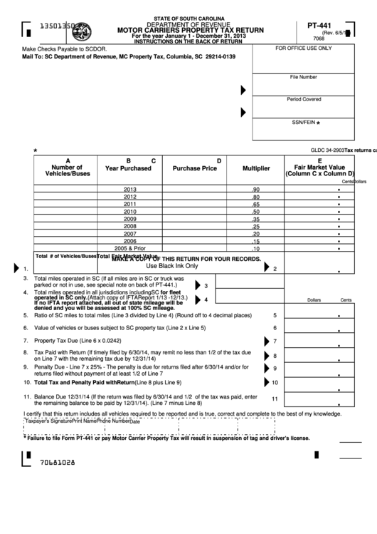 Form Pt441 Motor Carriers Property Tax Return printable pdf download