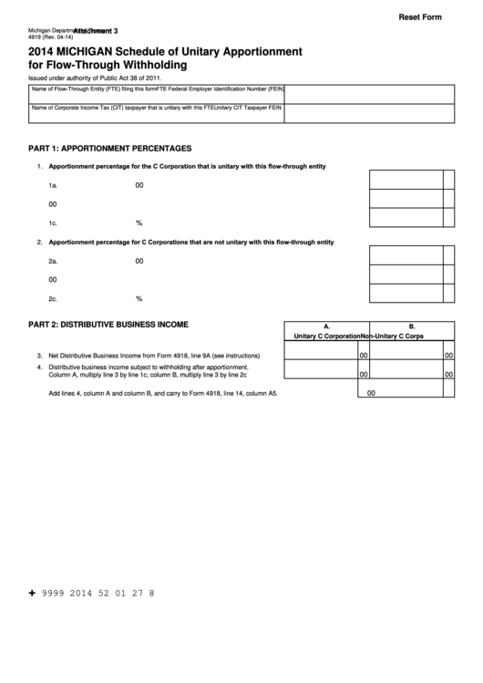 Fillable Form 4919 Michigan Schedule Of Unitary Apportionment For FlowThrough Withholding