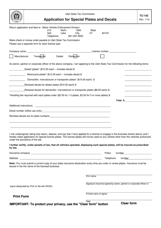 Fillable Form Tc142 Application For Special Plates And Decals printable pdf download