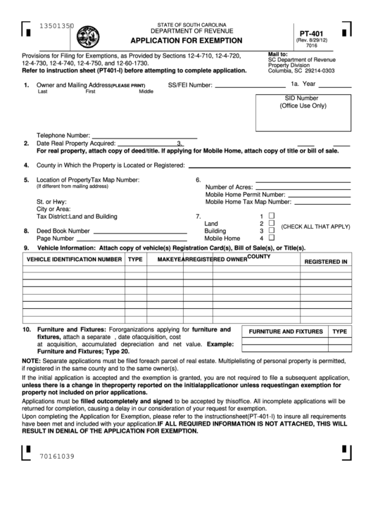 Form Pt401 Application For Exemption printable pdf download