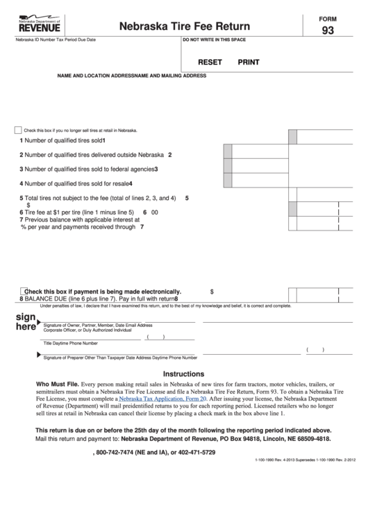 Fillable Form 93 Nebraska Tire Fee Return printable pdf download