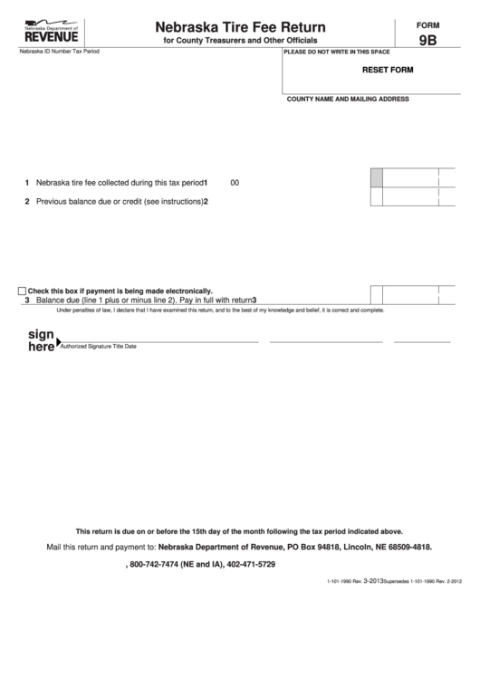 Fillable Form 9b Nebraska Tire Fee Return For County Treasurers And