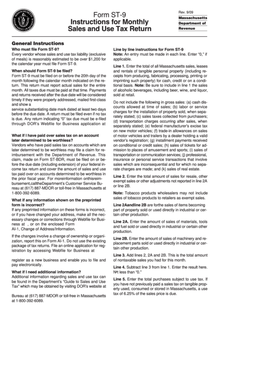 Instructions For Form St9 Monthly Sales And Use Tax Return 2009