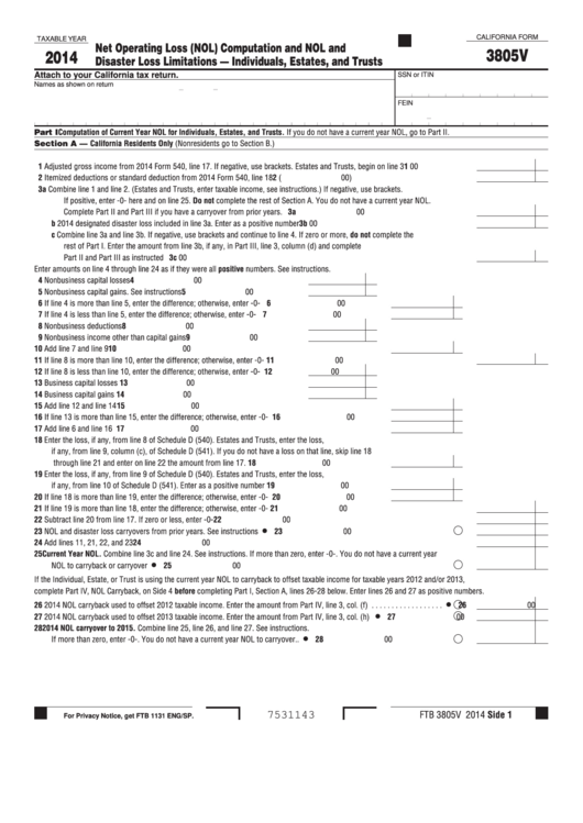 Form 3805v California Net Operating Loss (Nol) Computation And Nol