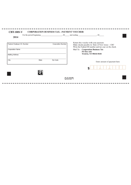 Fillable Form Cbt100sV New Jersey Corporation Business TaxPayment