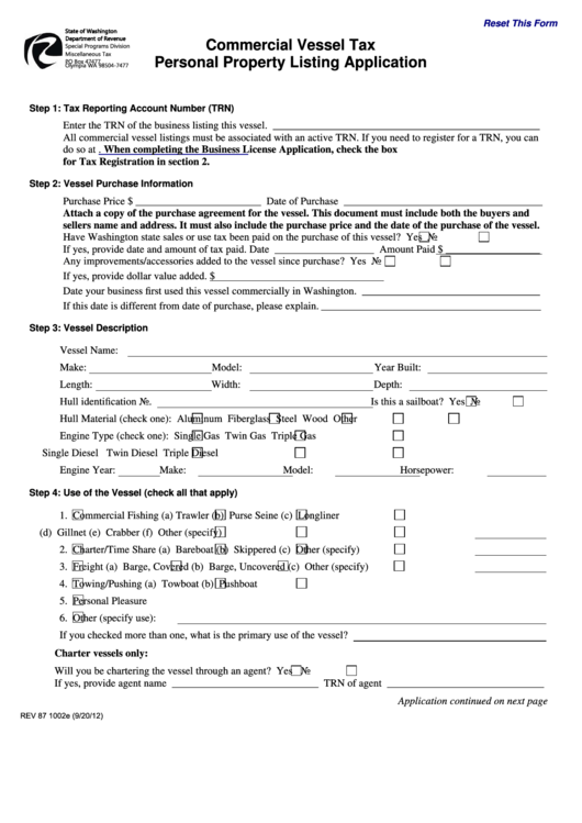 Fillable Form Rev 87 1002e Commercial Vessel Tax Personal Property