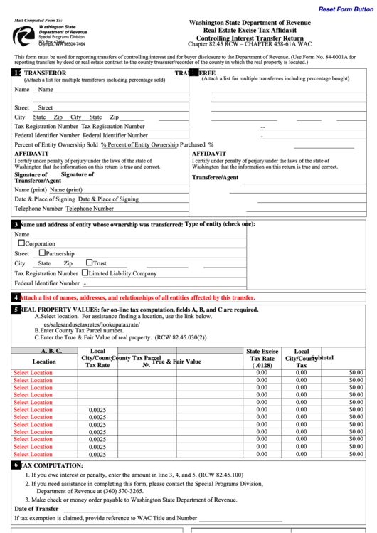 Fillable Form Rev 84 0001be Real Estate Excise Tax Affidavit