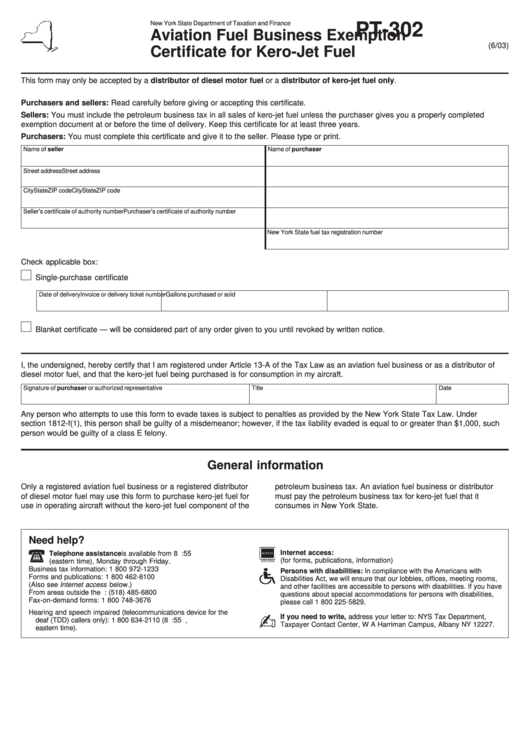 Form Pt302 Aviation Fuel Business Exemption Certificate For KeroJet