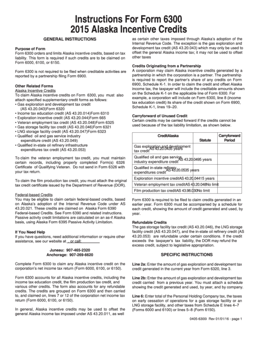 Instructions For Form 6300 Alaska Incentive Credits 2015 printable