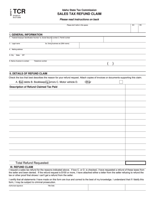 Form Tcr Idaho Sales Tax Refund Claim printable pdf download