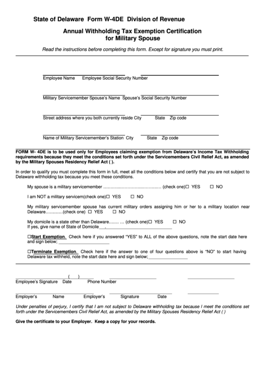 Fillable Form W4de Annual Withholding Tax Exemption Certification