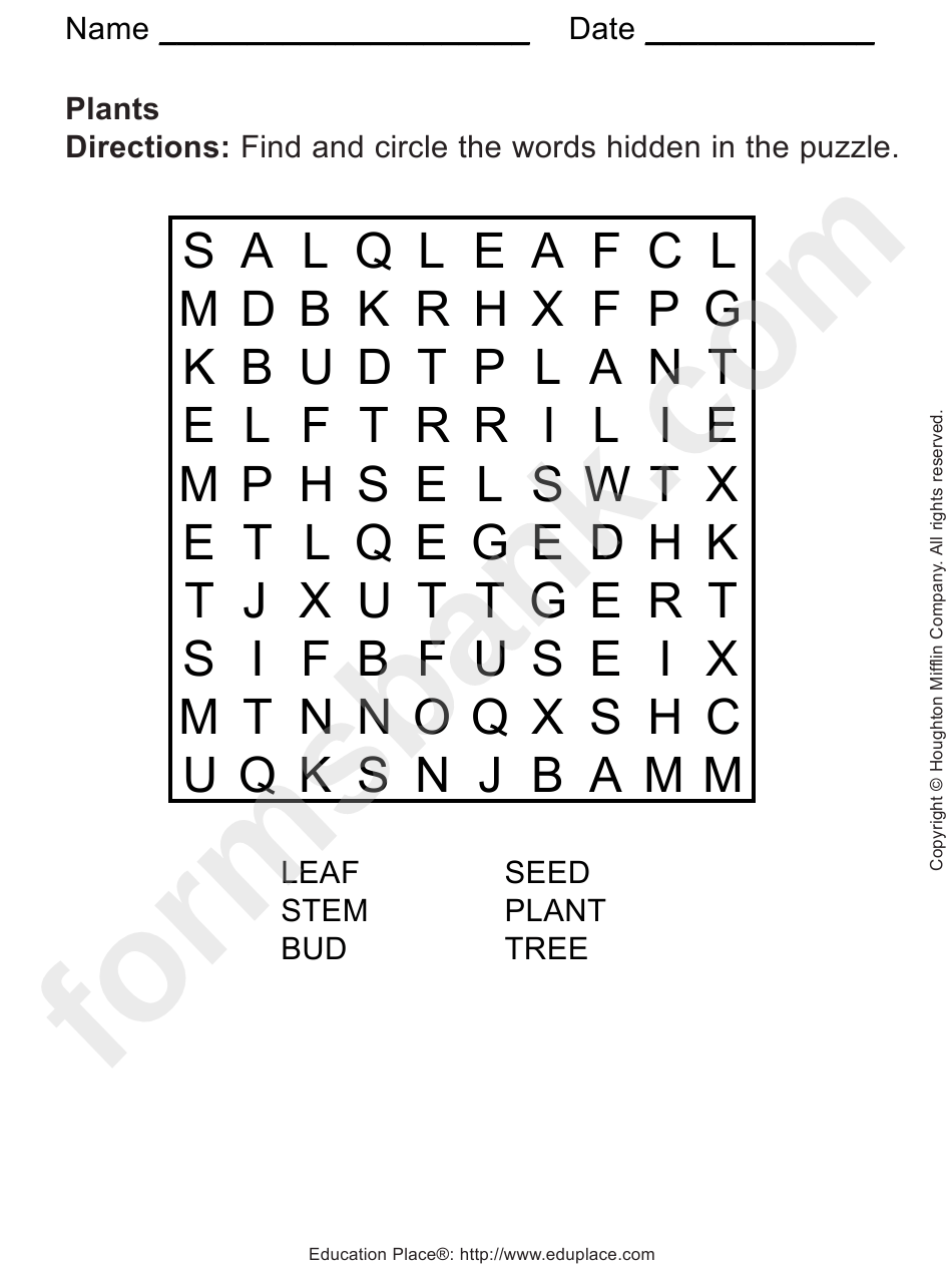 Plants Word Search Puzzle Template printable pdf download
