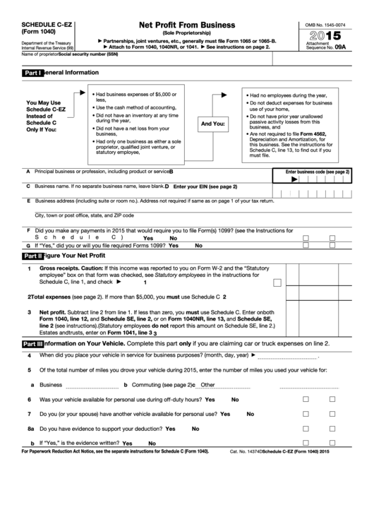 Fillable Schedule CEz (Form 1040) Net Profit From Business 2015