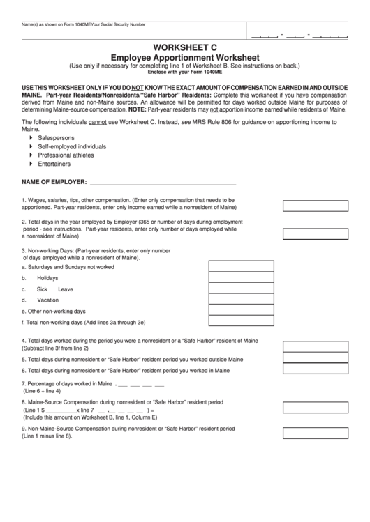 Worksheet C Employee Apportionment Worksheet printable pdf download