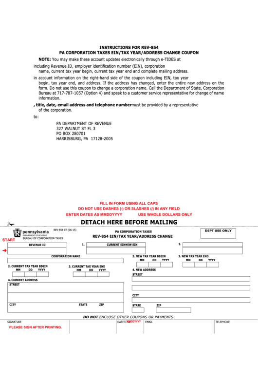 Fillable Form Rev854 Pa Corporation Taxes Ein/tax Year/address