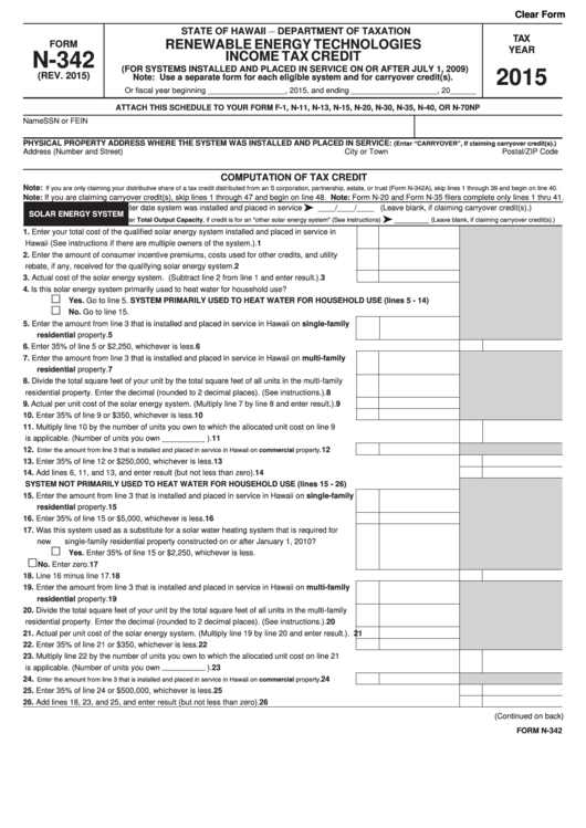 Fillable Form N342 Renewable Energy Technologies Tax Credit