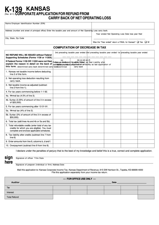 Fillable Form K139 Kansas Corporate Application For Refund From
