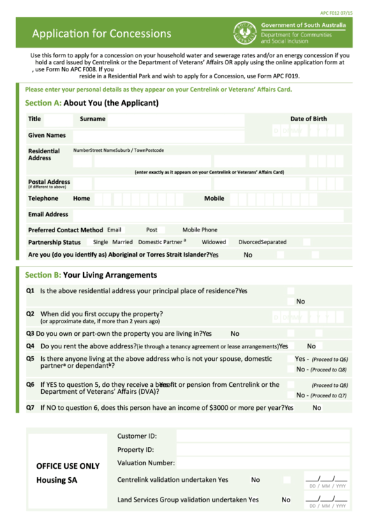 Form Apc F012 Application For Concessions printable pdf download