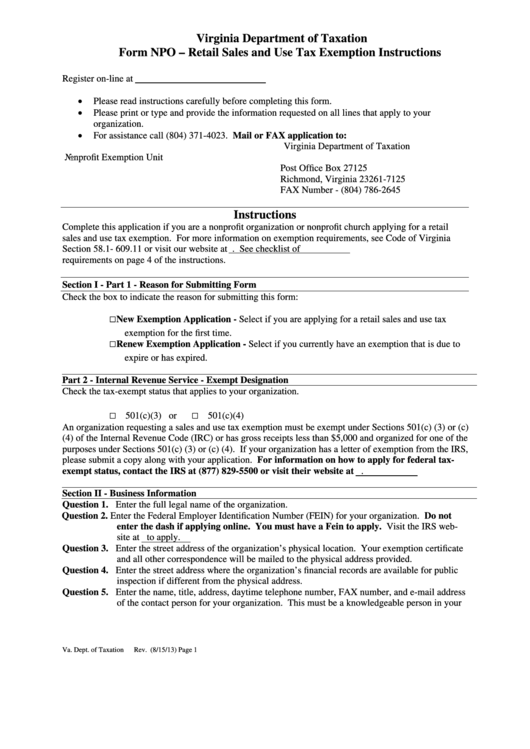 Form Npo Retail Sales And Use Tax Exemption Instructions printable
