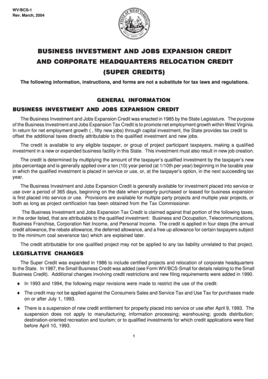 Fillable Form Wv/bcs1 West Virginia Business Investment And Jobs