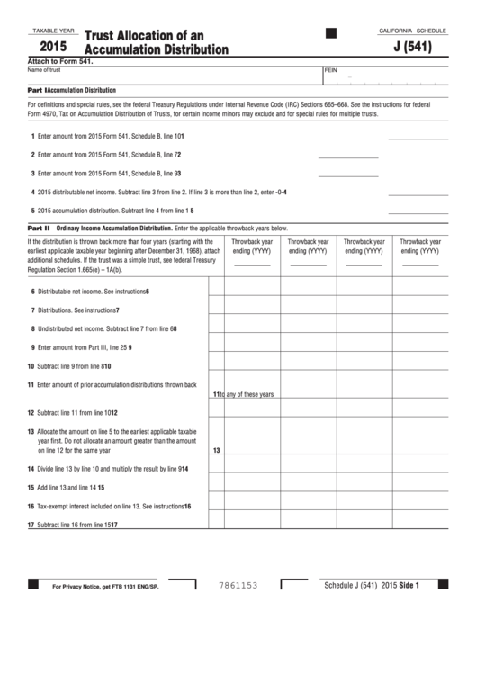 Fillable California Schedule J 541 Trust Allocation Of An