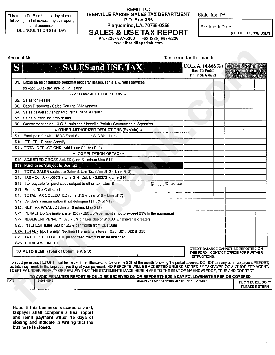 Sales & Use Tax Report Form Iberville Parish, Louisiana printable pdf