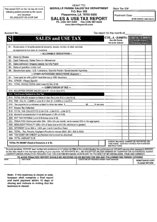 Sales & Use Tax Report Form Iberville Parish, Louisiana printable pdf