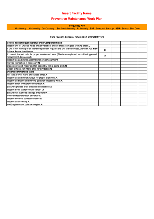 Preventive Maintenance Work Plan Chart printable pdf download