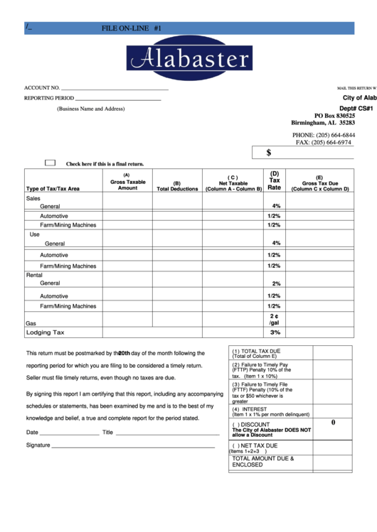Fillable Tax Report City Of Alabaster, Alabama printable pdf download